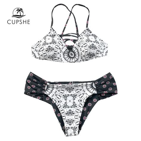 Cupshe Geometric Print Bikini Set Women Lace Up Tied Back Crop Halter Two Piece Swimwear 2018
