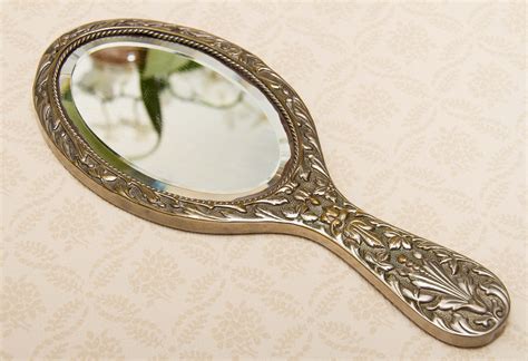 Vintage Ornate Silver Plated Hand Mirror Vanity Beveled Edge Oval Mirror With Handle Dressing