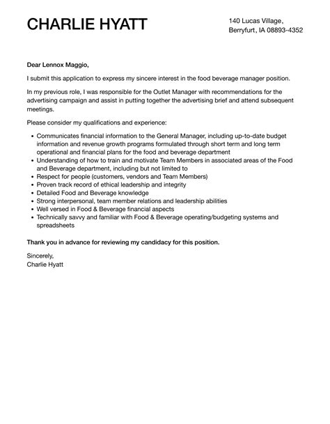 Food Beverage Manager Cover Letter | Velvet Jobs