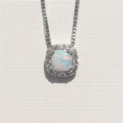 White Opal Necklace With Cz Diamonds Sterling Silver Etsy