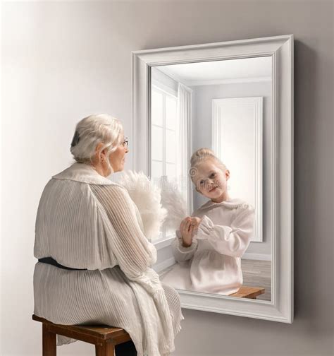 Creative Conceptual Collage Little Girl Looking In Mirror And Seeing