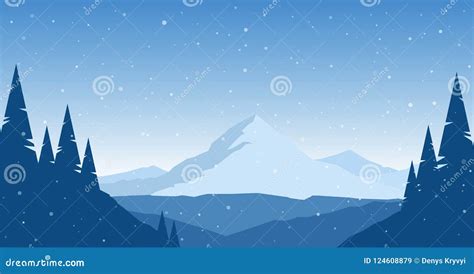 Vector Illustration Winter Flat Mountains Landscape With Pines Hills