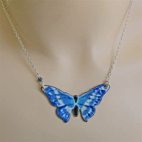 Blue Butterfly Enamel Necklace Handpainted Etsy