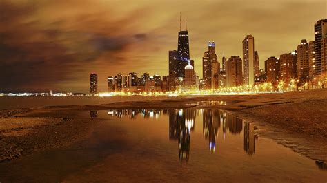 City Chicago Night Lights Lake 4k