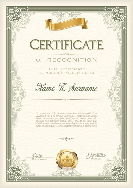 Certificate Of Recognition Vintage Frame With Gold Ribbon Portrait
