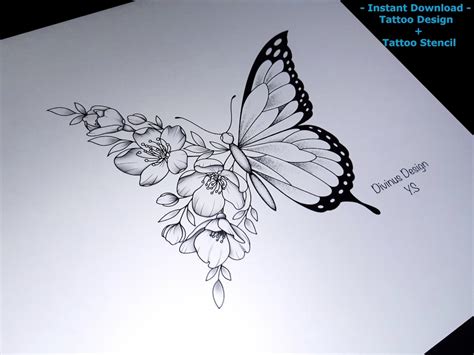 Conception De Tatouage Mi Papillon Et Moiti Fleurs Pochoir Etsy France