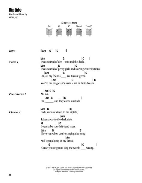 Riptide Sheet Music By Vance Joy Lyrics And Chords 163187