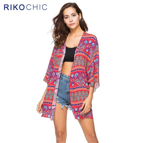 rikochic boho summer sunscreen women tops beach gypsy floral printed red kimono cardigan chiffon