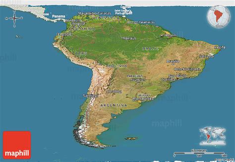 Satellite Panoramic Map Of South America Lighten Land Only