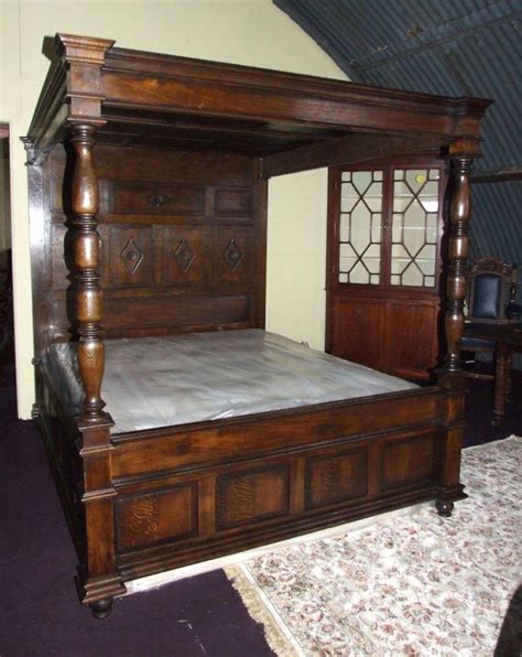 Antique Oak 4 Poster Bed Turdor Hand Carved Beds 1930