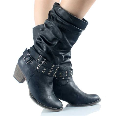 Black Slouch Cowboy Western Studded Buckle Heel Womens Mid Calf Boots