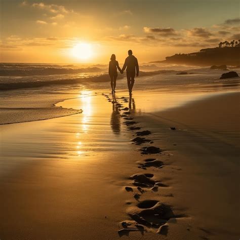 Puesta De Sol Romántica Escena En La Playa Pareja Caminando De La Mano Ia Generativa Foto Premium