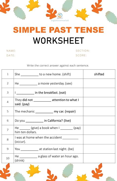 Past Tense Worksheets For Grade 6 Pdf