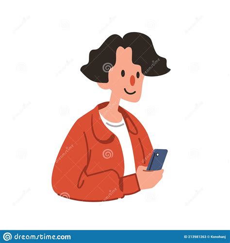 A Man Using Their Smartphone Cute Flat Vector Illustration Portrait Of