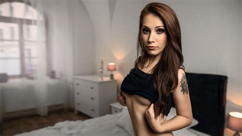 Wallpaper Women Underboob Portrait Bed Tattoo Boobs Belly