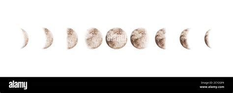 Moon Phases Set Watercolor Beige Gray Isolated On White Background