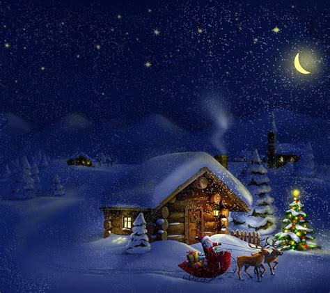 Xmas Night Cartoon Christmas Moonshine Nature Santa Snow Winter