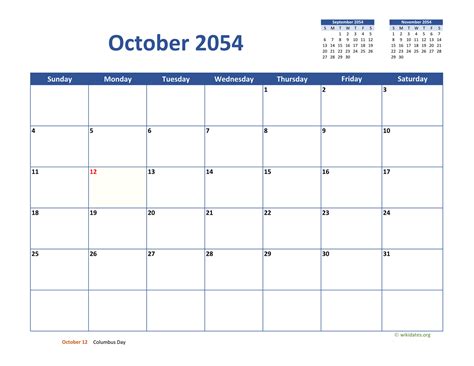 October 2054 Calendar Classic