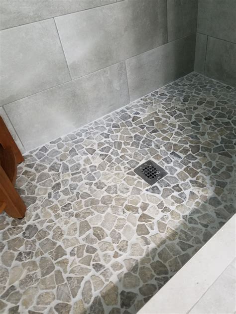 Stone Grey Mosaic Tile Pebble Tile Shower Stone Tile Bathroom Shower Remodel