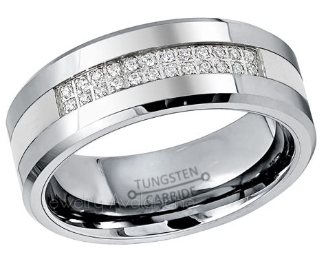 Mens Tungsten Wedding Band Double Row 24 Cz Accent 8mm Beveled