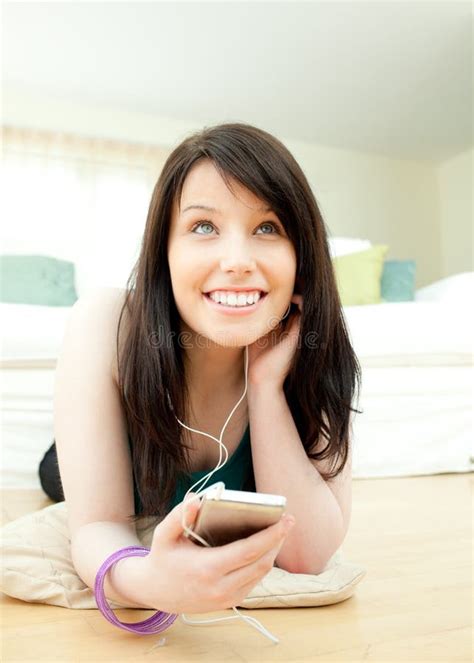 Lovely Woman Listening Music Lying On The Floor Stock Image Image Of