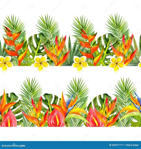 Seamless Border With Watercolor Tropical Flowers And Leaves Stock