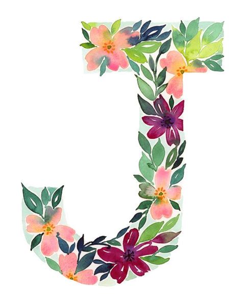 The Letter J Is Decorated With Flowers And Leaves