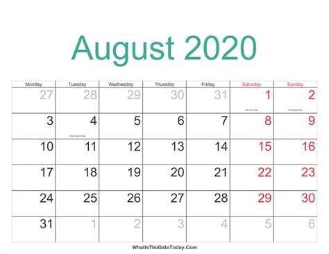 August 2020 Calendar Printable With Holidays Whatisthedatetodaycom