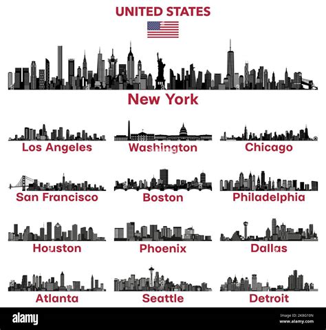 United States Cities Skylines Silhouettes Vector Illustrations Stock