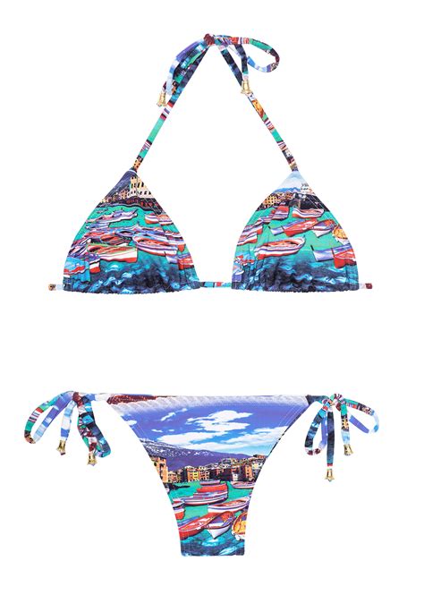 Blue Printed Brazilian Bikini Sliding Triangle Top Mini Barca
