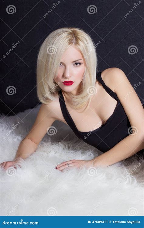 Beautiful Elegant Striking Blonde Woman With Bright Makeup Red Lips In