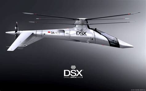 A White And Black Helicopter Flying In The Air With Dsx Logo On Its Side
