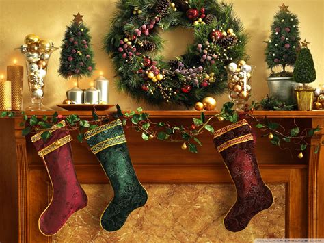 Christmas Mantle With Stockings Ultra Hd Desktop Background Wallpaper