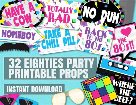 eighties printable party photo props 80s style party decor 80s party ideas 80s party