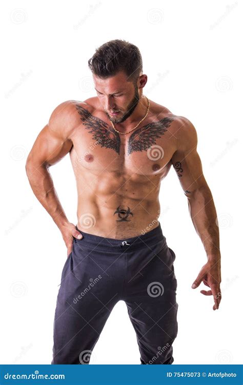 Handsome Topless Muscular Man Standing Isolated Royalty Free Stock