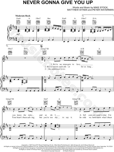 Rick Astley Never Gonna Give You Up Sheet Music In D Major