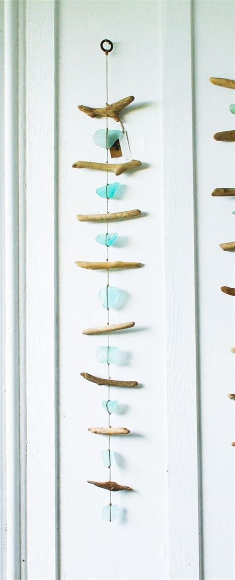 Large Single Strand Sea Glass Driftwood Hanging Mobile Aqua Blue Seashell Crafts Hanging