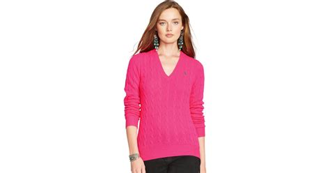Polo Ralph Lauren Cable Knit V Neck Sweater In Pink Lyst