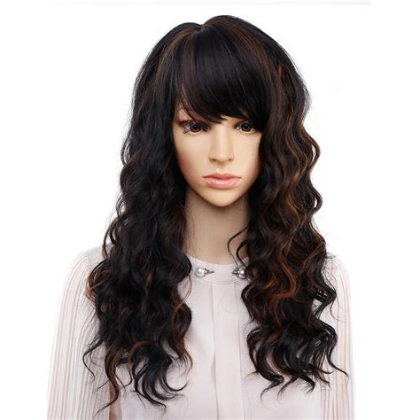 Amir Long Natural Wave Wigs For Women Black And Brown Ombre Wig With Bangs Bob Synthetic Hair