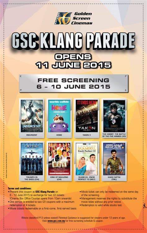 Movies running days and total number of shows at the gsc ipoh parade listed here is for reference purpose only. Free Samples and Good Deals: GSC Klang Parade FREE ...