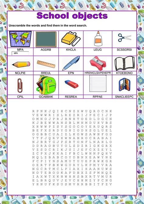 Classroom Objects Esl Word Search Puzzle Worksheets English Worksheets