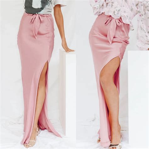 Women Silk Long Skirt Party Sexy High Waist Bow Lace Up Split Maxi Skirts Ladies Ankle Length