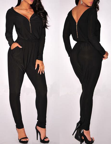 sexy v neck long sleeves solid black cotton blend one piece regular jumpsuit jumpsuits