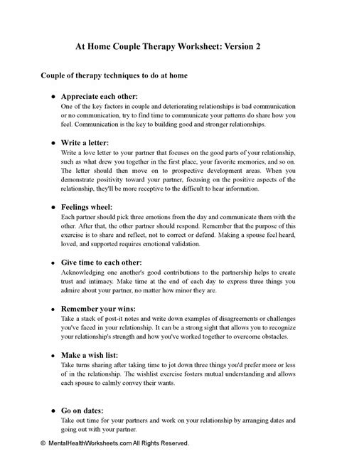 At Home Couple Therapy Worksheet Version 2 Mental Health Worksheets