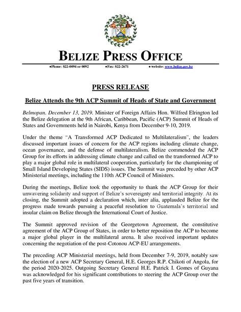 Press Release Belize Government Of Belize Press Office
