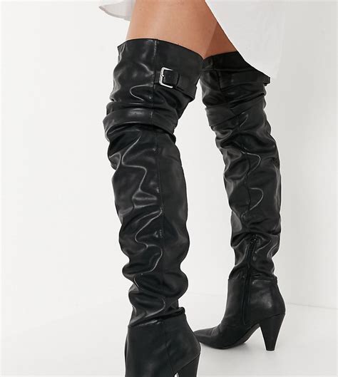 Asos Design Wide Fit Kayla Thigh High Slouch Boots In Black Shopstyle