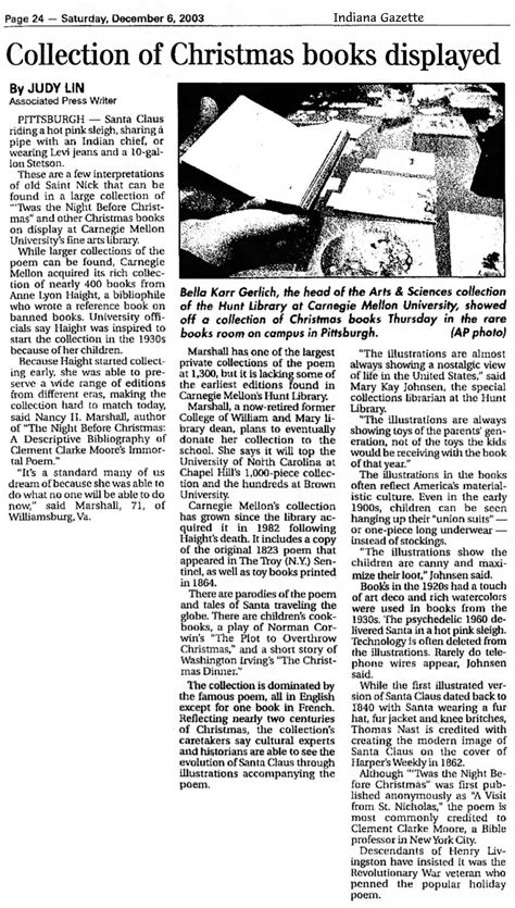 "Collection of Christmas books displayed" Judy Lin, Indiana Gazette, 6