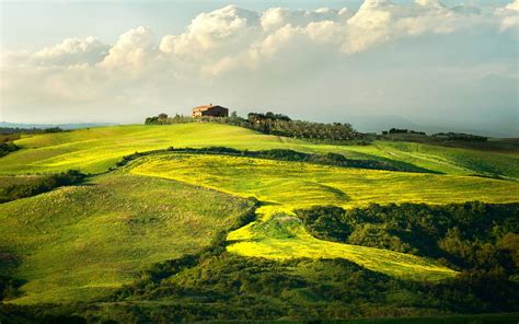 Nature Landscape Field Clouds Hill House Building Green