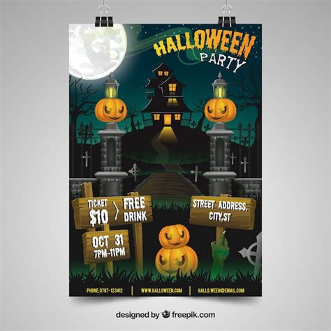 Free Vector Halloween Party Poster With House And Pumpkins