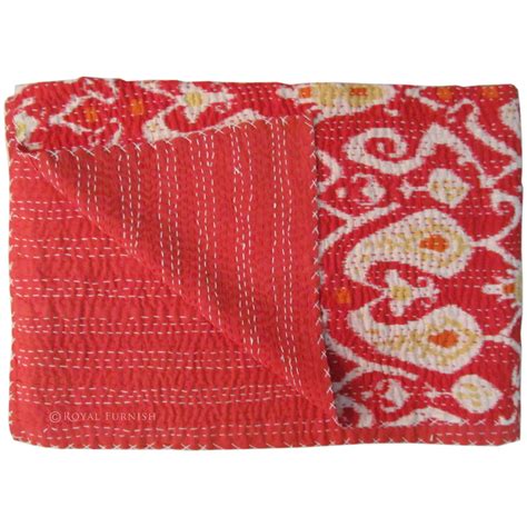 Red Queen Size Ikat Paisley Kantha Quilt Blanket Bedding Bespread
